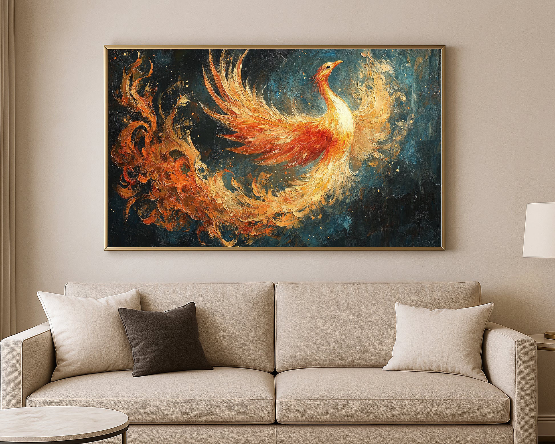 Modern phoenix print with sweeping flame-like feathers in orange, crimson, and gold