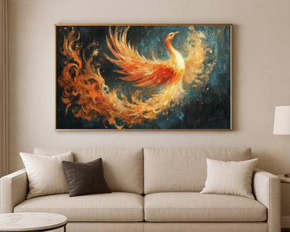 Modern phoenix print with sweeping flame-like feathers in orange, crimson, and gold
