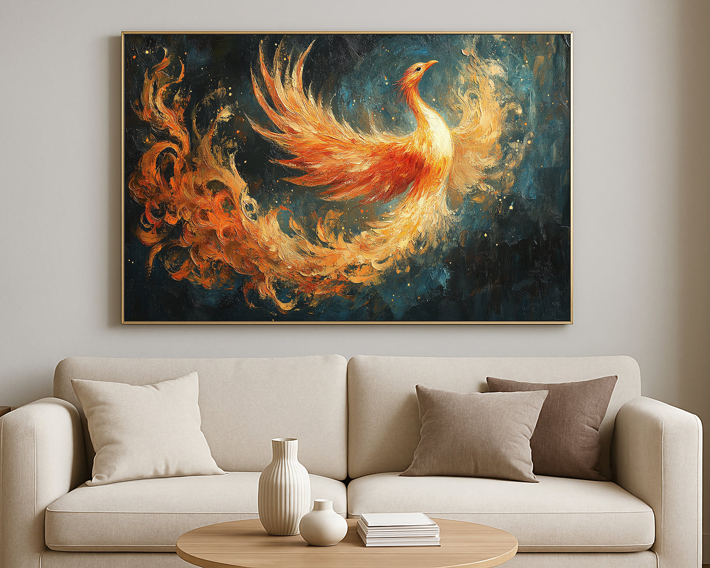 Fantasy bird wall decor with a radiant phoenix soaring across a dark abstract painted backdrop