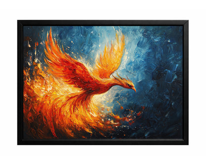 Fiery phoenix wall art with glowing orange and gold wings against a deep blue textured background
