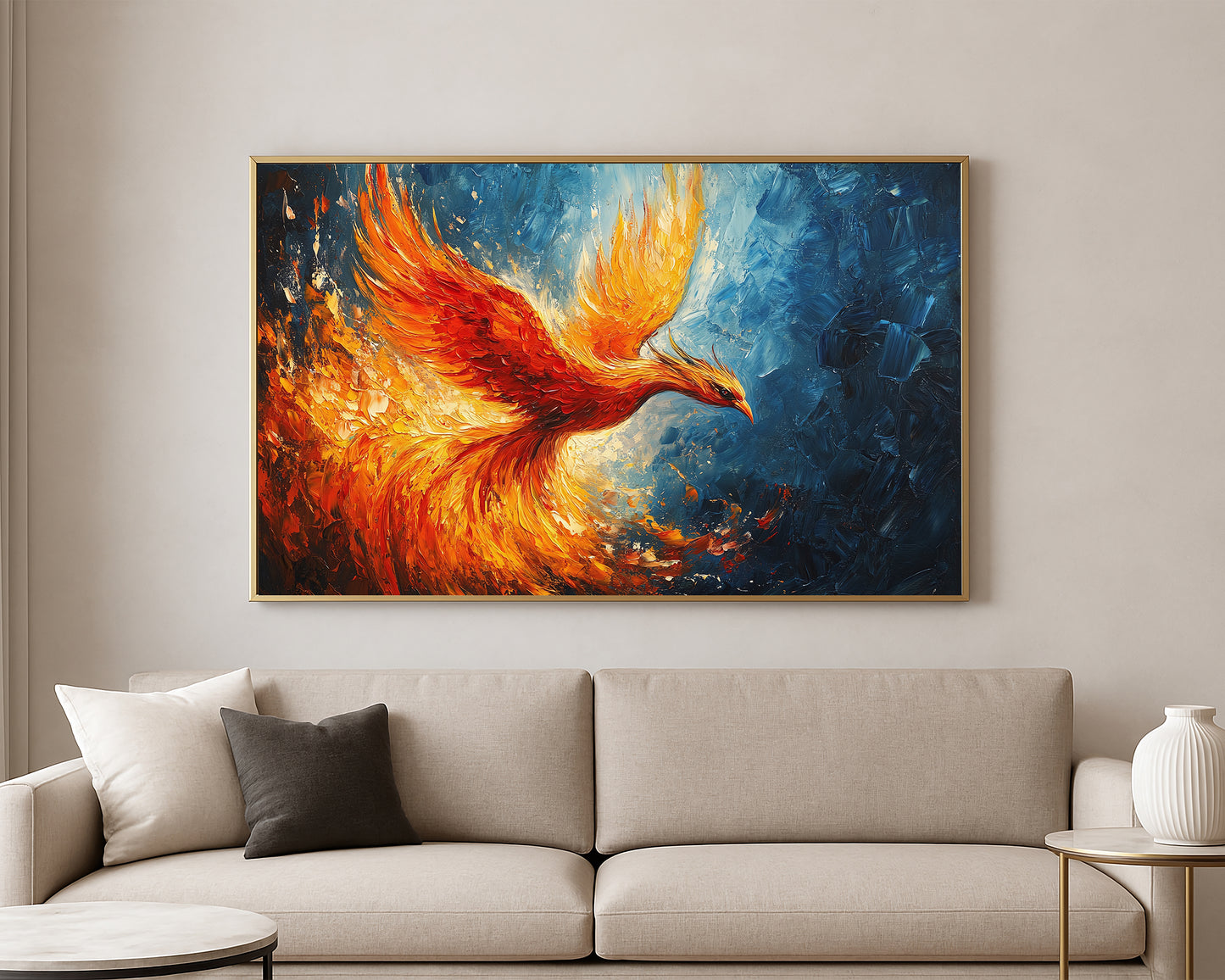 Dramatic phoenix artwork featuring sweeping flame-like feathers in red, orange, and gold tones