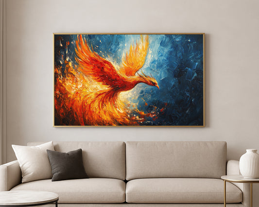 Dramatic phoenix artwork featuring sweeping flame-like feathers in red, orange, and gold tones