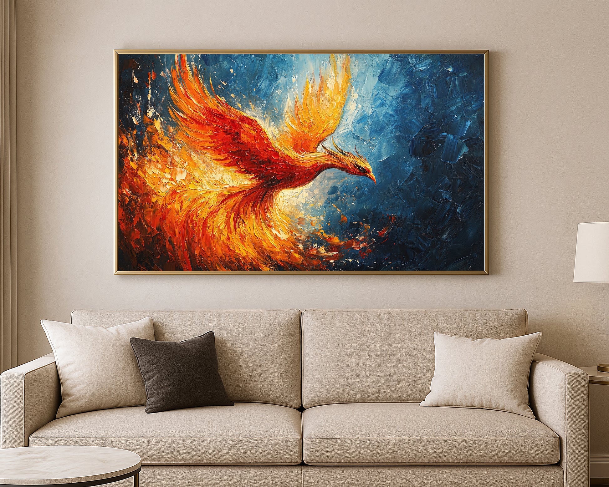 Fantasy fire bird wall art with bold motion and rich contrast in blue and warm ember colors
