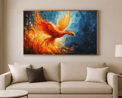 Fantasy fire bird wall art with bold motion and rich contrast in blue and warm ember colors