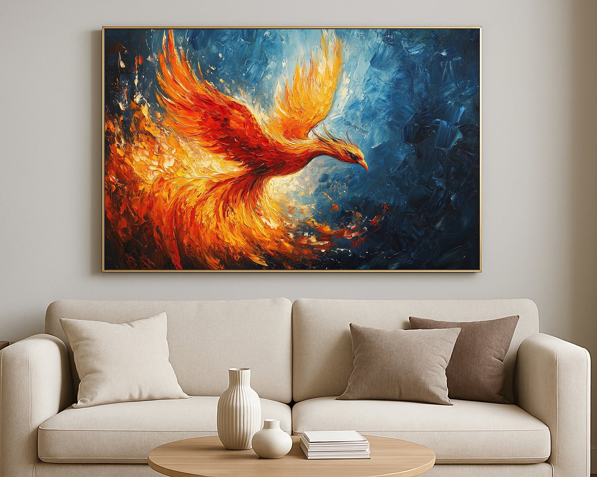 Textured phoenix print with luminous plumage soaring across a dark abstract painted backdrop