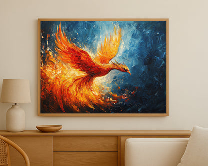 Modern phoenix wall decor with expressive brushwork and a powerful flame-inspired composition