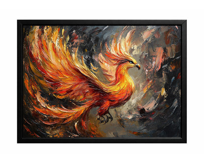 Fiery phoenix wall art with glowing orange and gold feathers against a dark textured background