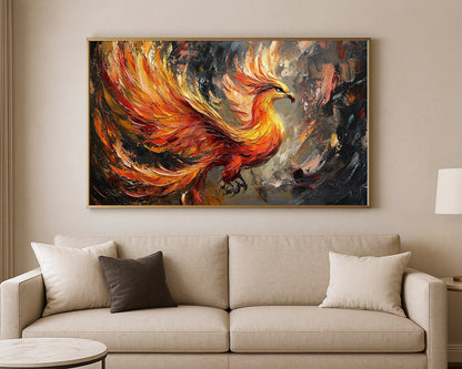Fantasy bird wall art with a radiant phoenix in motion over a moody abstract backdrop