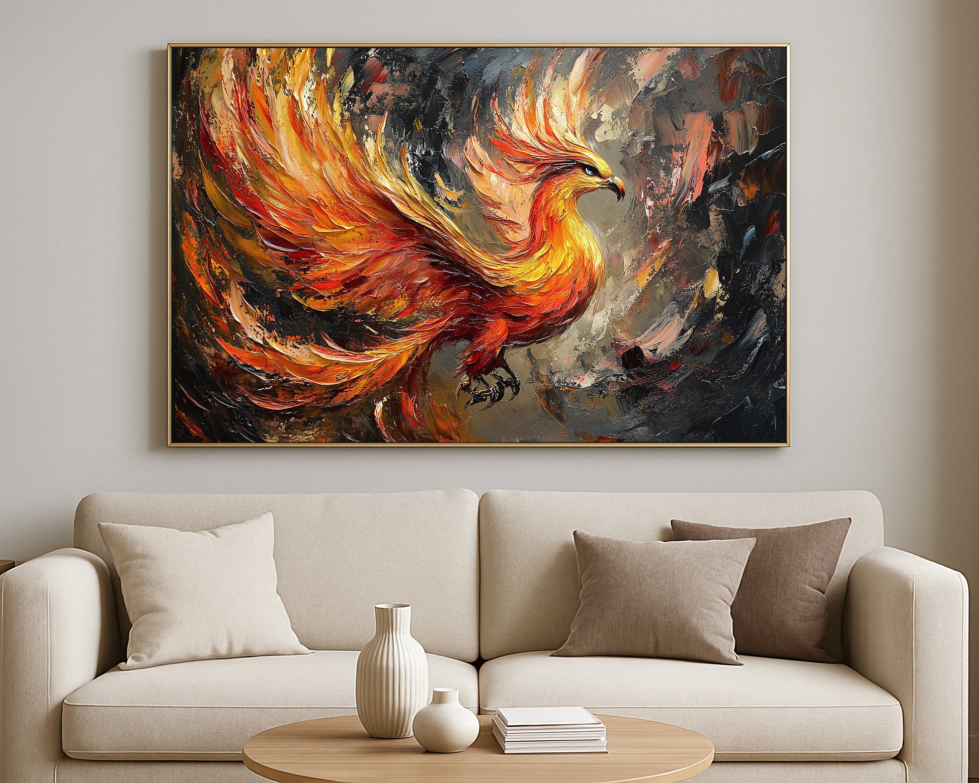 Textured phoenix print with vivid ember colors and expressive painterly brushwork