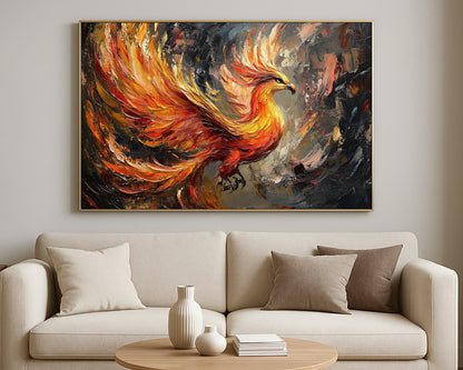 Textured phoenix print with vivid ember colors and expressive painterly brushwork