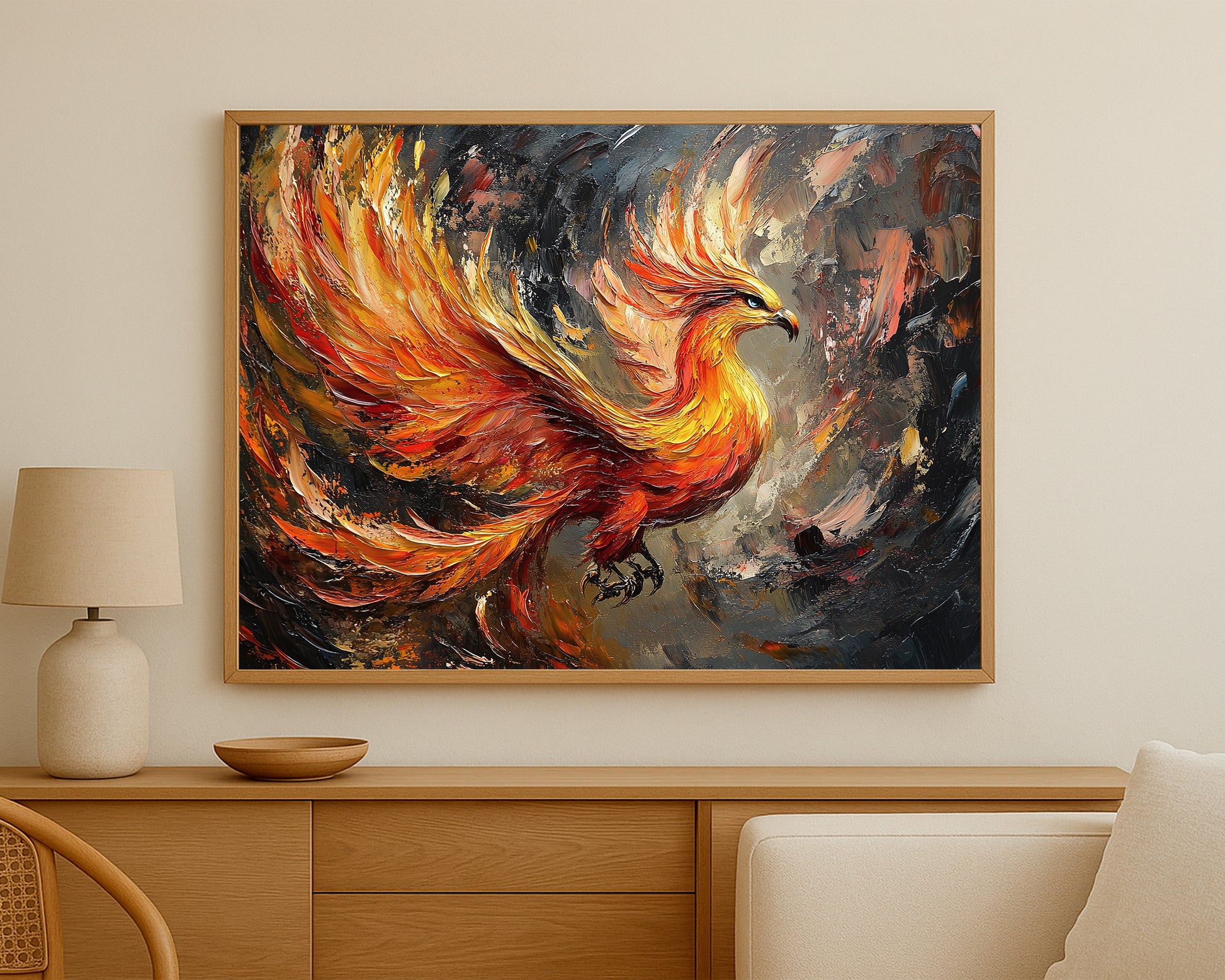 Modern phoenix wall decor with powerful fiery plumage and a dark dramatic composition