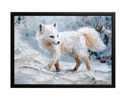 Arctic fox wall art with white fur standing in a snowy blue and ivory landscape