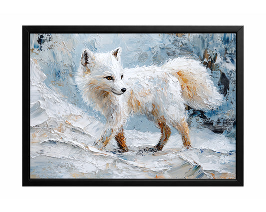 Arctic fox wall art with white fur standing in a snowy blue and ivory landscape