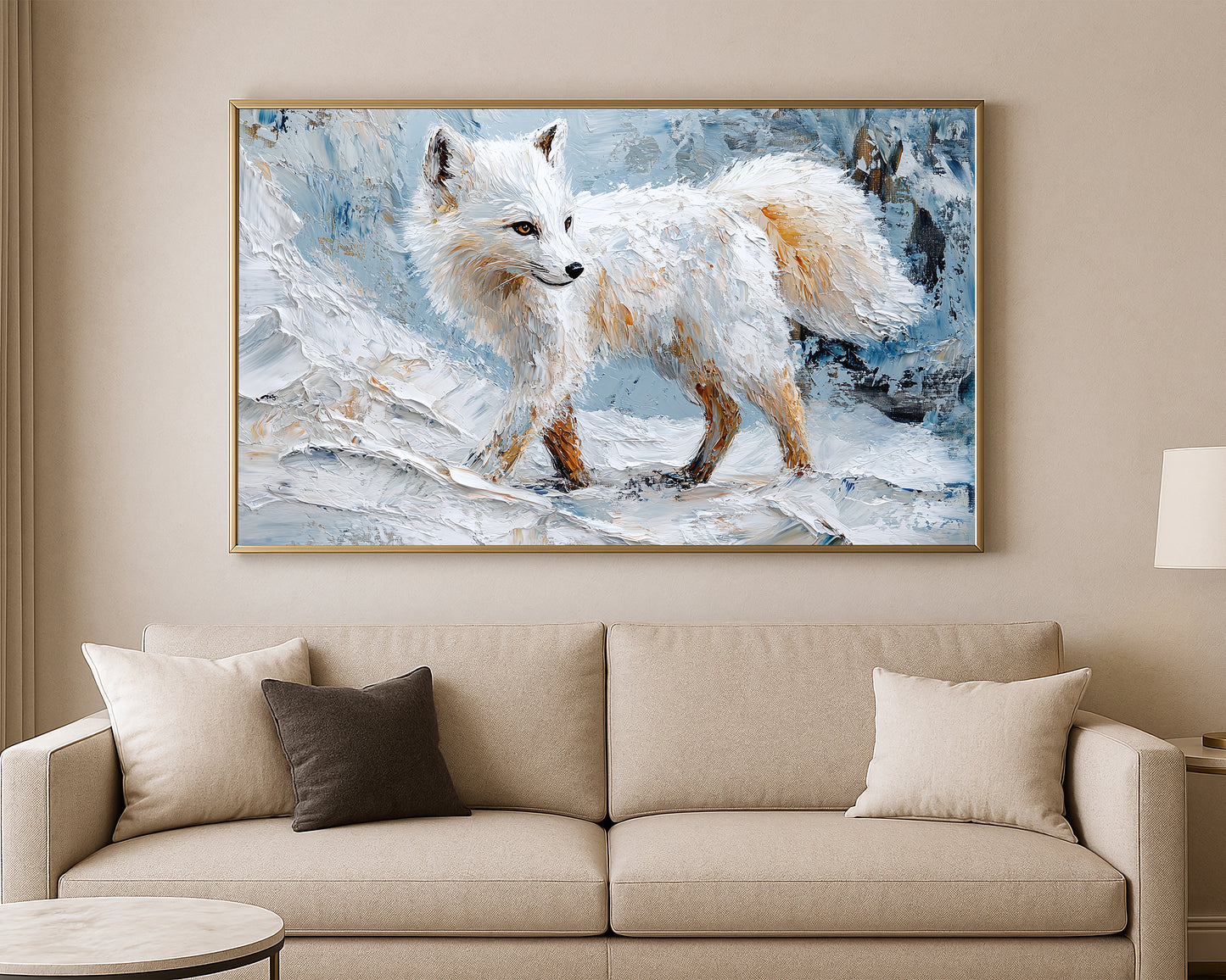 Nature wall art print of an arctic fox with thick brushstrokes in blue, cream, and white tones
