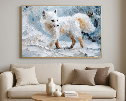 Contemporary animal artwork showing a white fox in a snowy scene with a calm expression