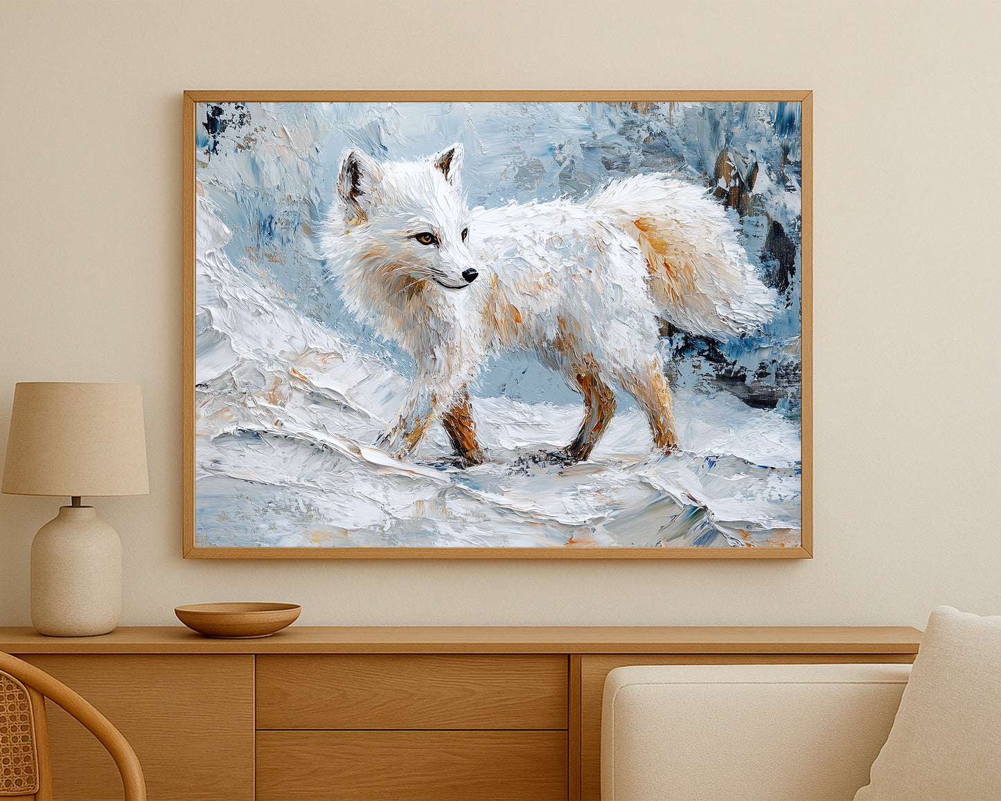 Snowy fox wall decor with textured painterly detail and cool neutral winter colors