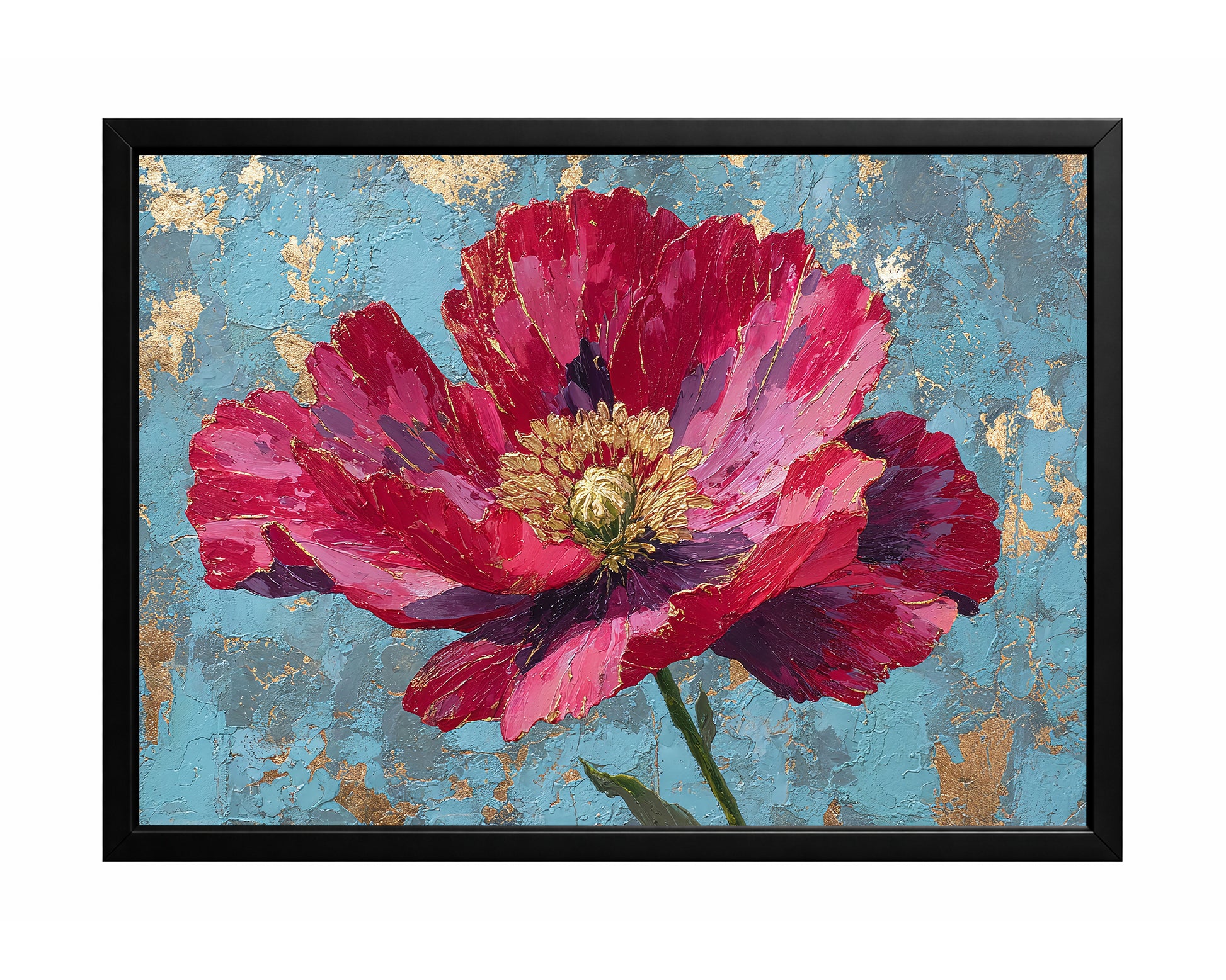 Large textured pink flower with gold center details on a cracked turquoise and gold background.