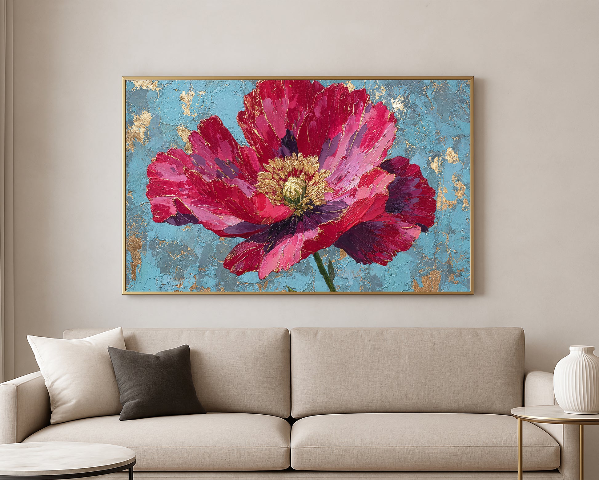 Close-up floral wall art featuring layered pink petals, a gold-highlighted center, and a rustic turquoise background.