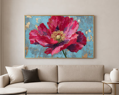 Close-up floral wall art featuring layered pink petals, a gold-highlighted center, and a rustic turquoise background.