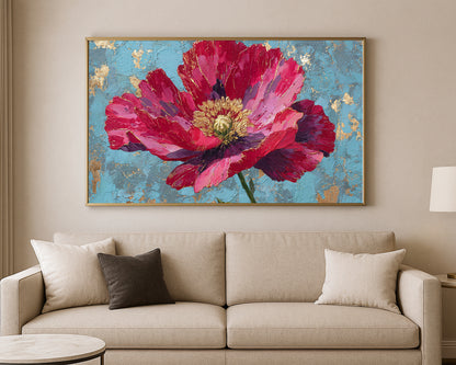 Vibrant pink flower in thick impasto style with gold detailing over a weathered blue and gold abstract surface.