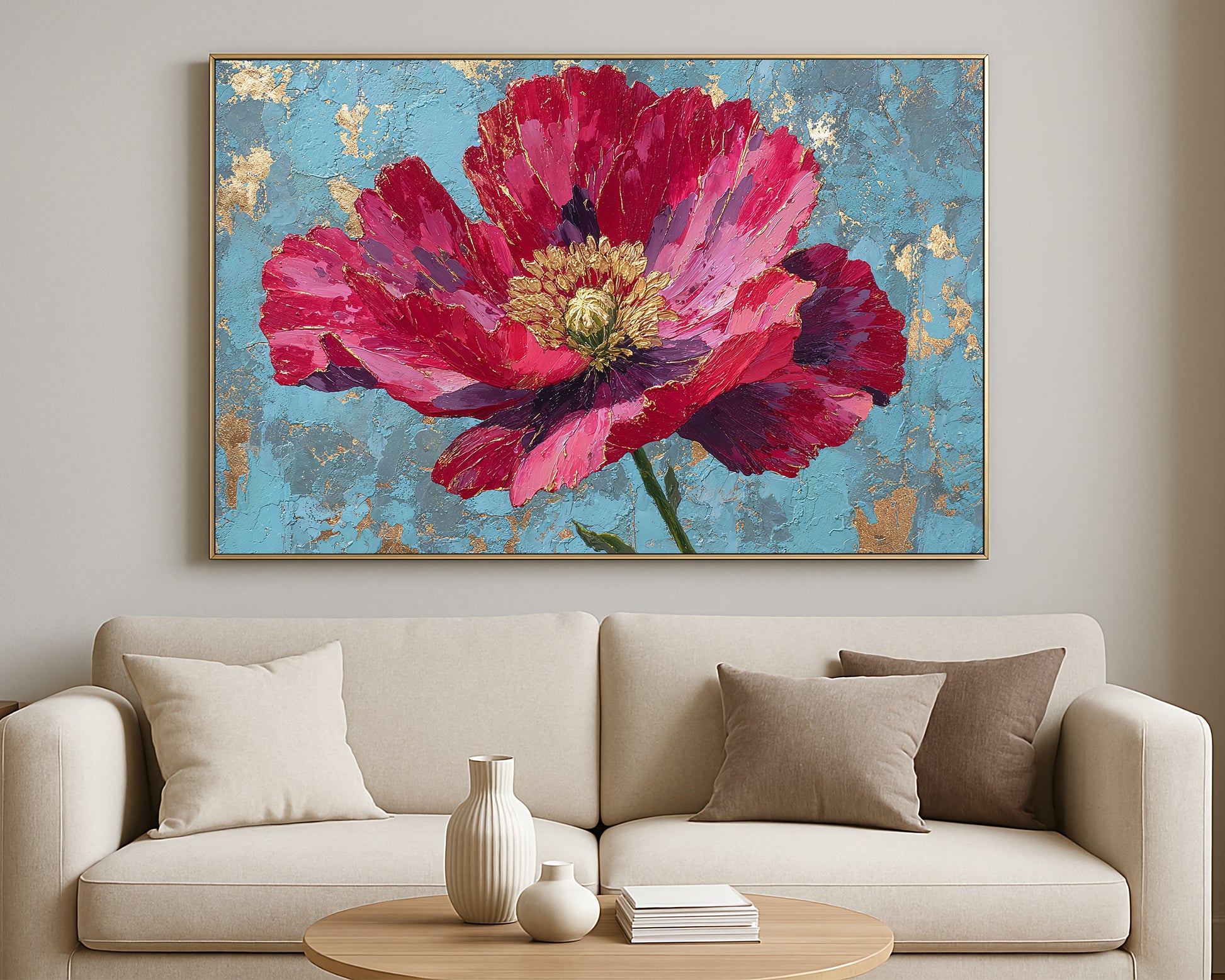 Expressive floral painting of a single pink blossom with rich red and violet tones, set on a textured turquoise background with gold flecks.