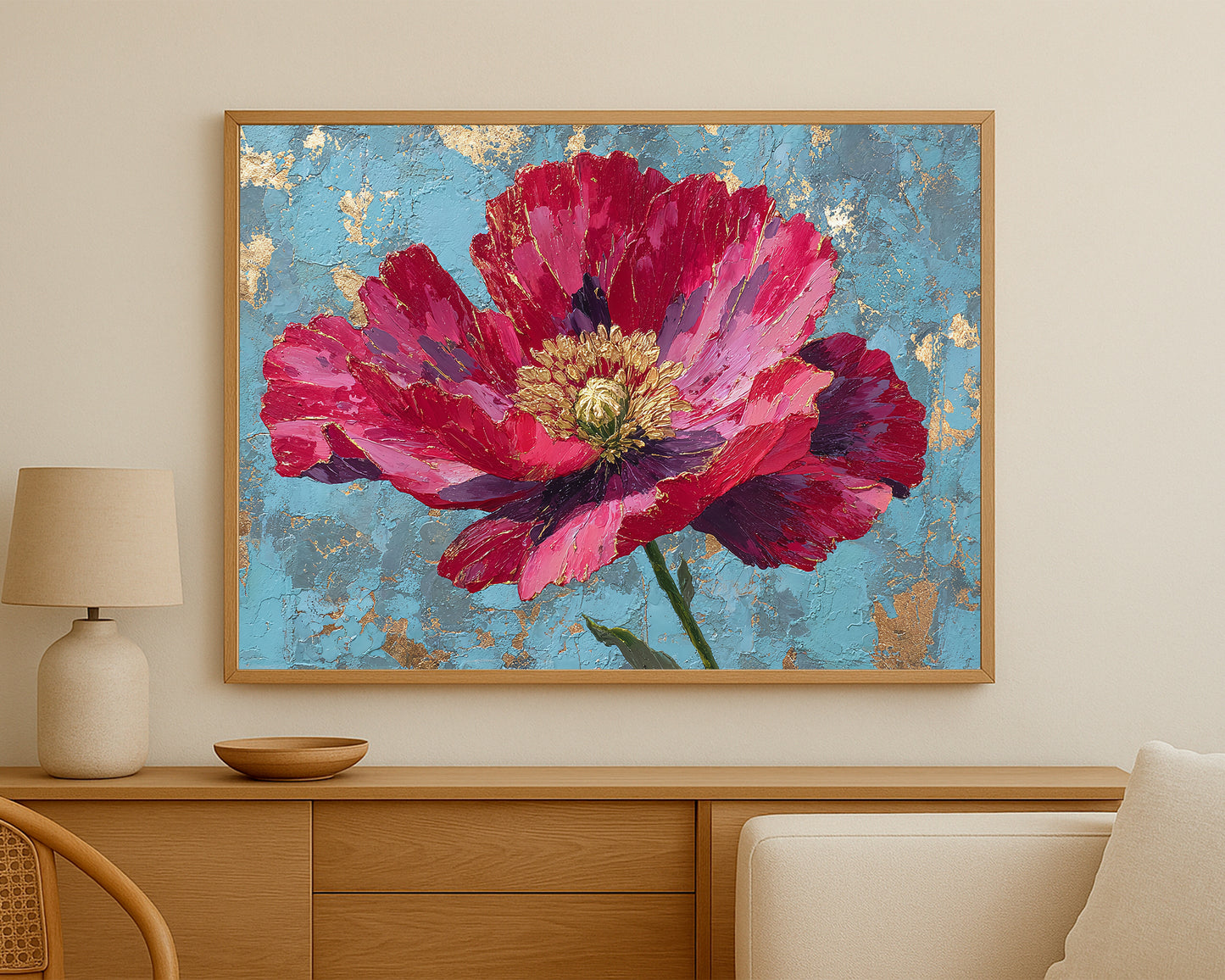 Bold magenta and pink bloom with metallic gold accents, painted against a distressed blue textured backdrop.