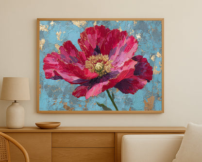 Bold magenta and pink bloom with metallic gold accents, painted against a distressed blue textured backdrop.