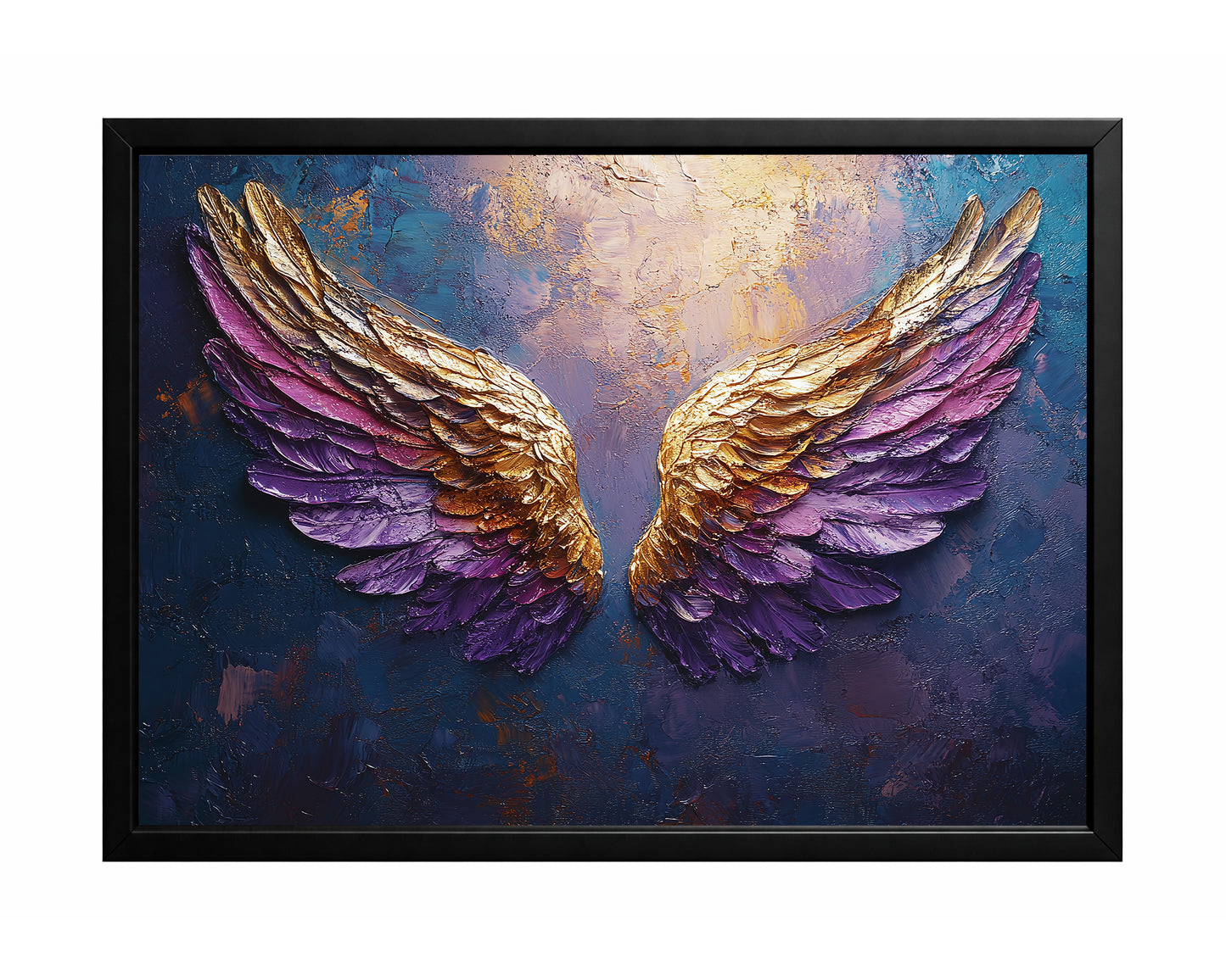Purple and gold angel wings wall art with layered feather texture on a deep blue and violet background.