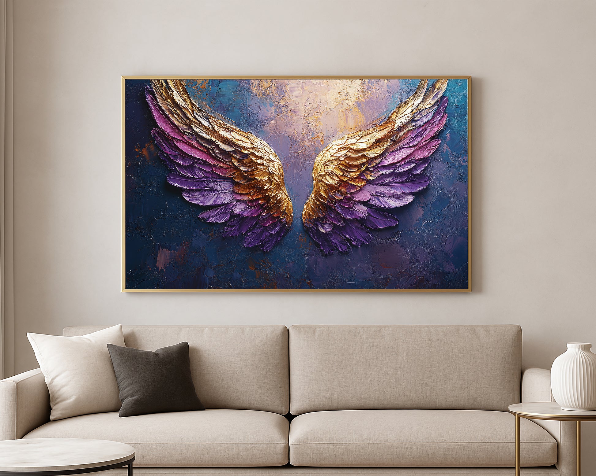 Textured angel wings painting with sculpted gold and violet feathers centered on a dark blue abstract surface.
