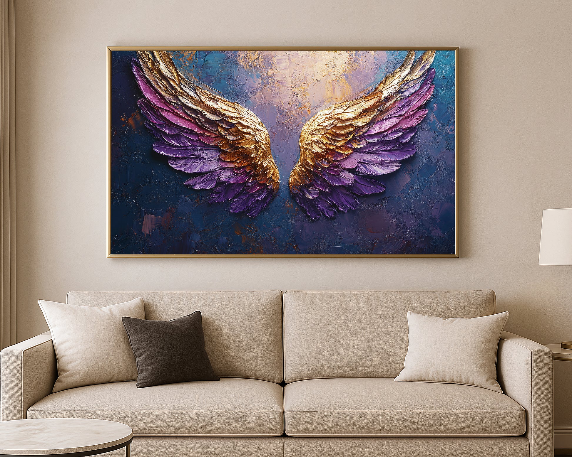 Elegant spiritual wall art showing symmetrical purple and gold wings with luminous detail on a dramatic blue-violet background.