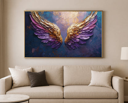 Elegant spiritual wall art showing symmetrical purple and gold wings with luminous detail on a dramatic blue-violet background.