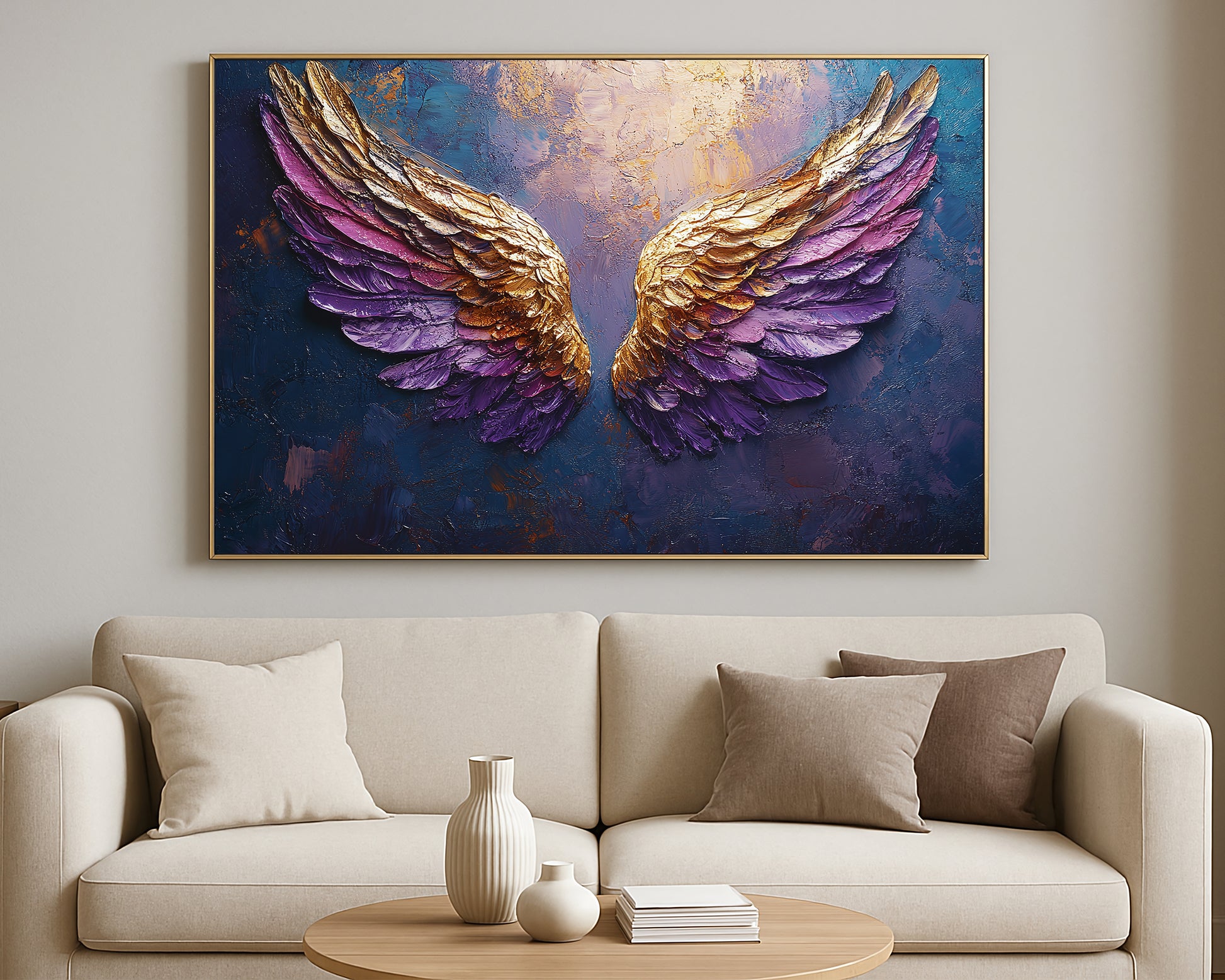 Decorative wing artwork featuring metallic gold feathers blended with rich purple tones against a moody textured backdrop.