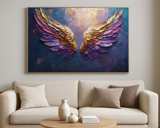 Decorative wing artwork featuring metallic gold feathers blended with rich purple tones against a moody textured backdrop.