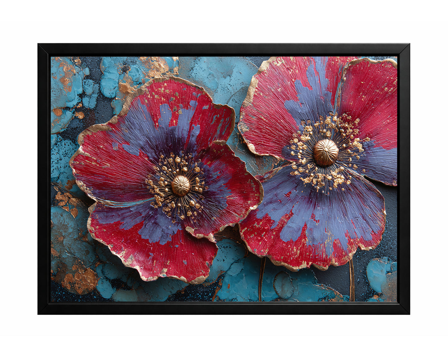 Two large red and violet flowers with gold centers and metallic edges on a textured turquoise blue background.