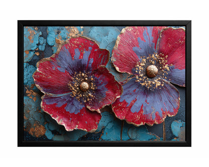 Two large red and violet flowers with gold centers and metallic edges on a textured turquoise blue background.