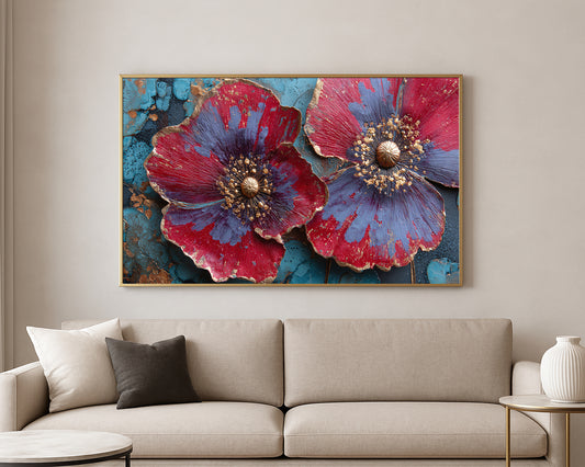 Close-up floral wall art showing two layered blooms in deep red, periwinkle, and gold against a distressed blue abstract surface.