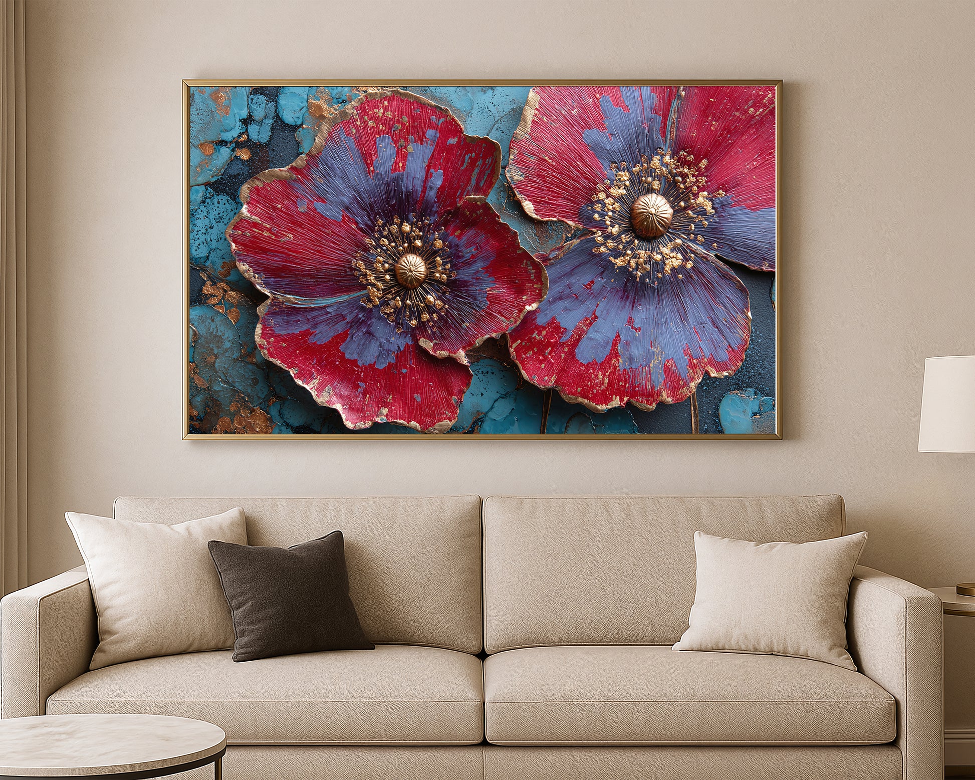 Textured painting of twin flowers with rich crimson petals, blue-violet centers, and gold detailing over a turquoise backdrop.