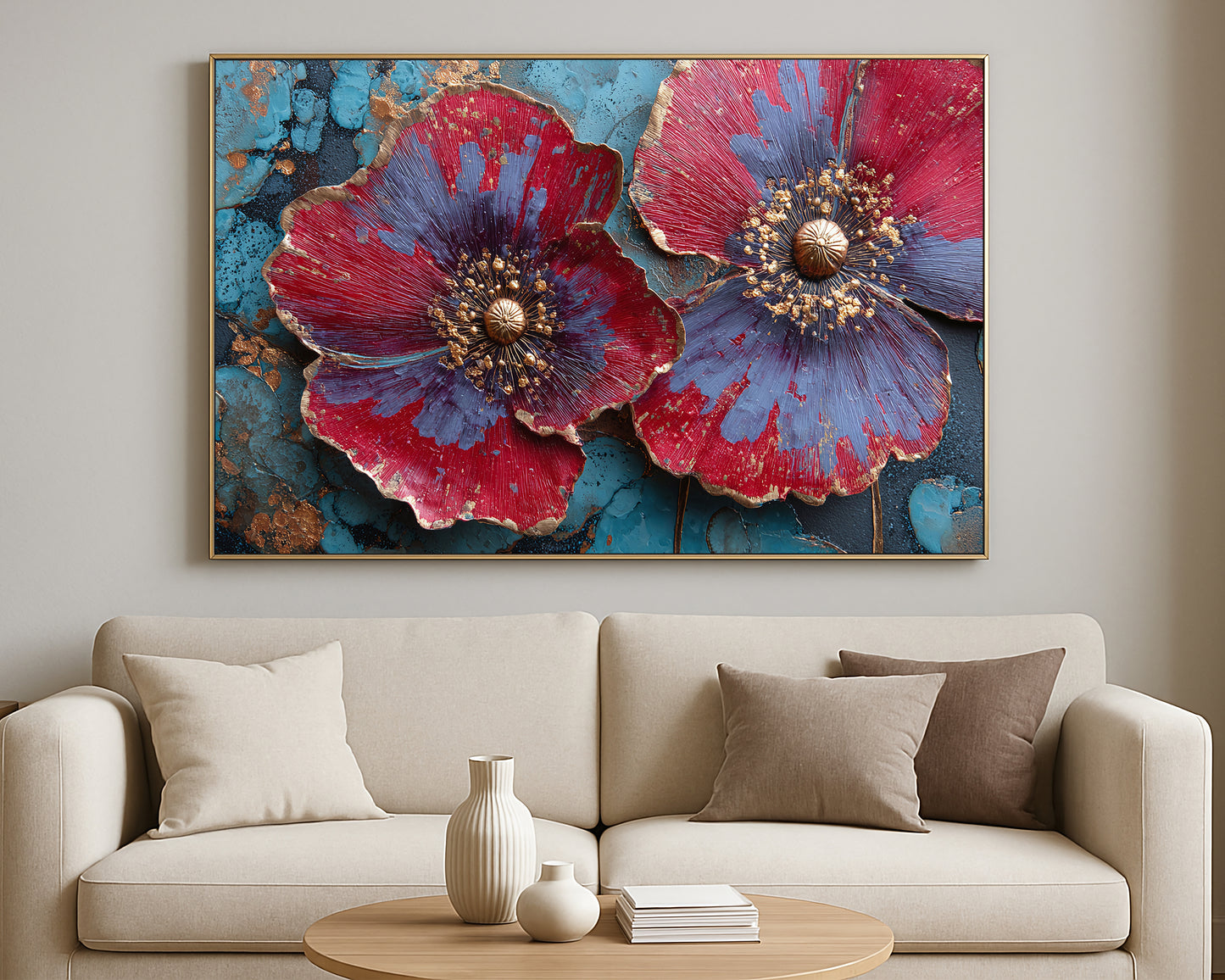 Decorative floral artwork featuring two oversized blossoms with metallic gold accents and bold red and lavender tones on a blue textured background.