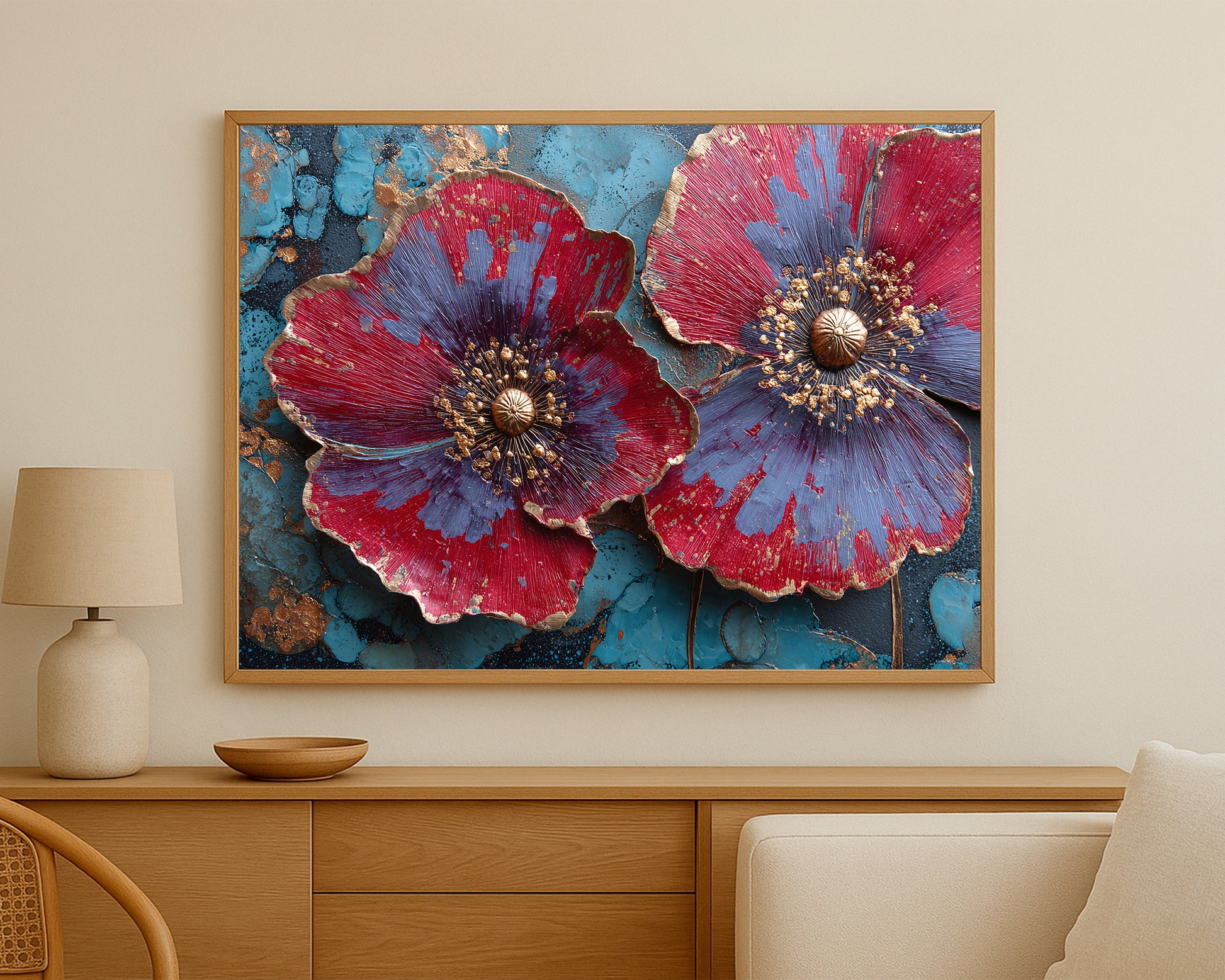 Elegant double flower composition with red petals, soft violet highlights, and raised gold centers set against a moody turquoise and bronze surface.