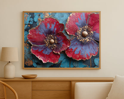 Elegant double flower composition with red petals, soft violet highlights, and raised gold centers set against a moody turquoise and bronze surface.