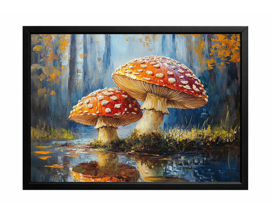 Two red mushrooms with white spots standing beside reflective water in a blue-toned forest setting.
