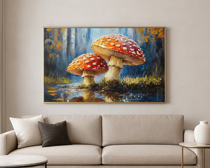 Textured woodland wall art featuring two red toadstools with pale stems and mirrored reflections in calm water.