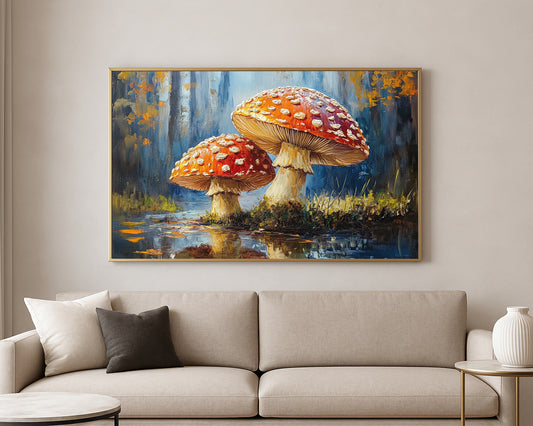 Textured woodland wall art featuring two red toadstools with pale stems and mirrored reflections in calm water.