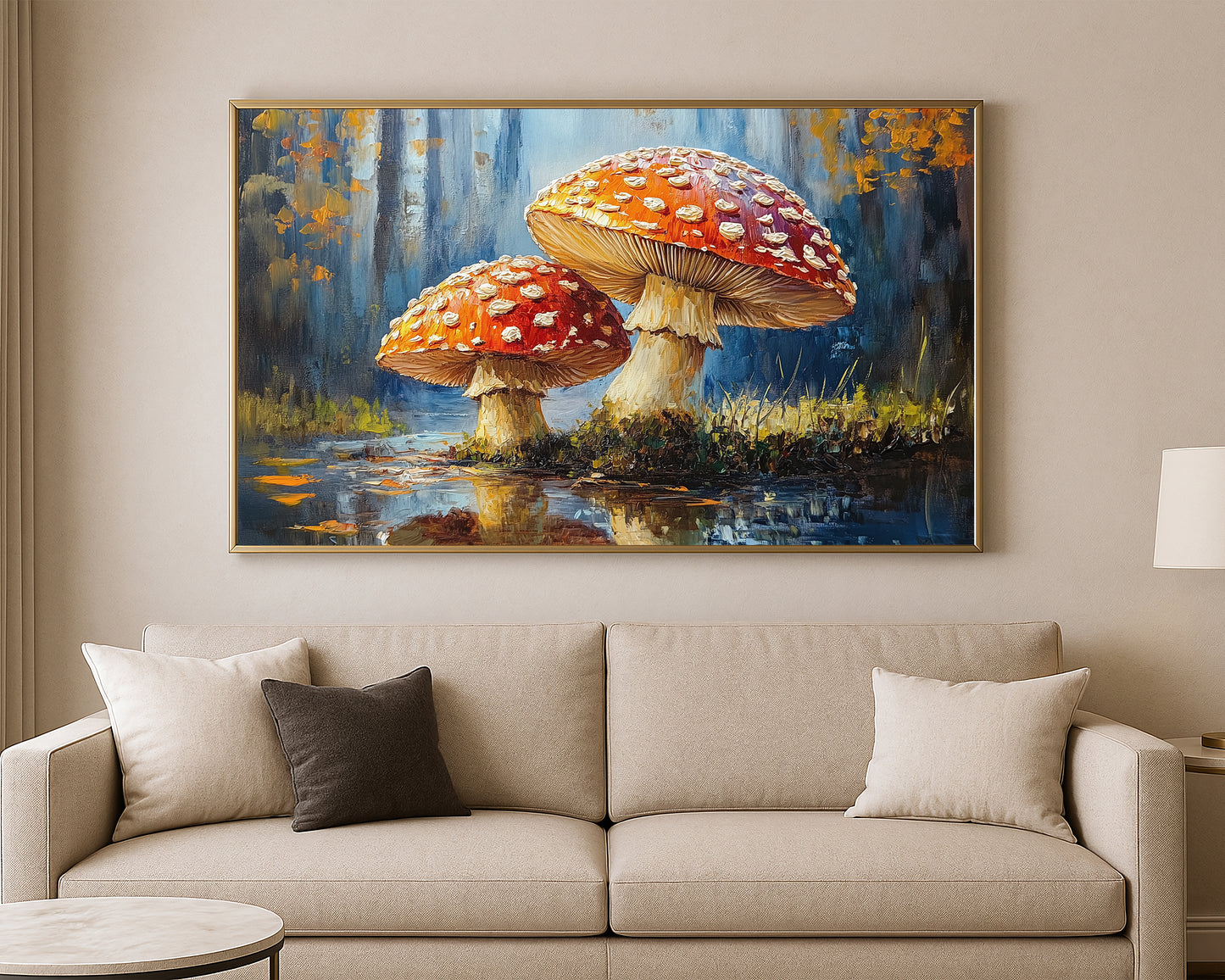 Forest mushroom painting with vibrant red caps, white markings, and a cool blue background with golden foliage accents.