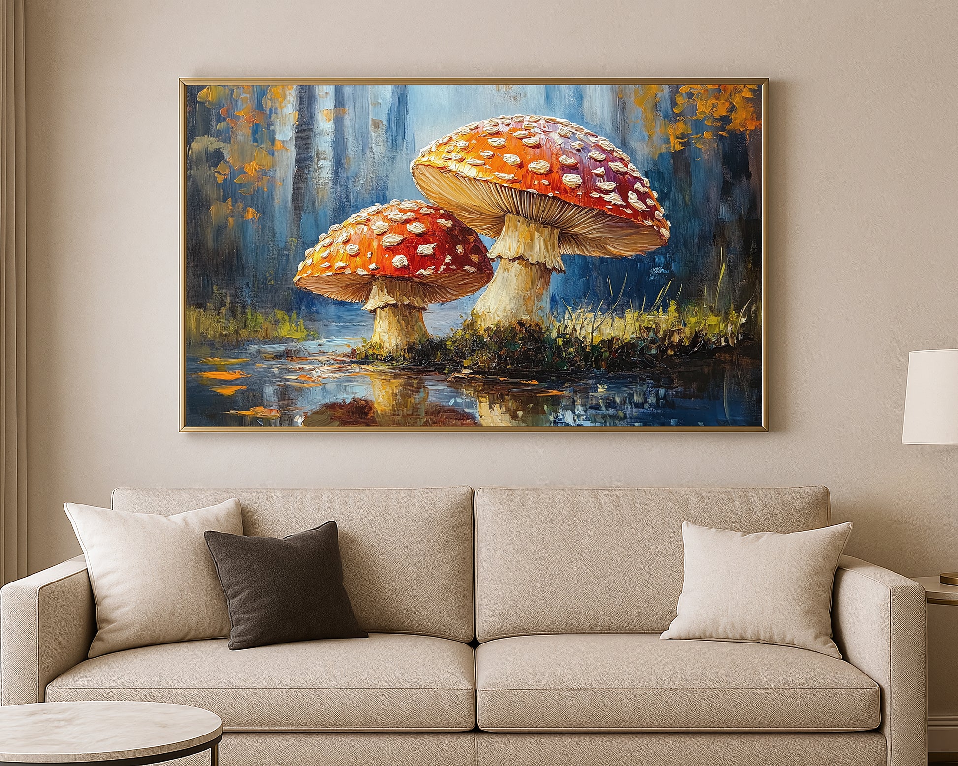 Forest mushroom painting with vibrant red caps, white markings, and a cool blue background with golden foliage accents.