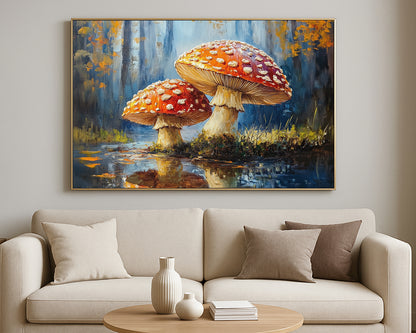 Decorative nature artwork showing a pair of red mushrooms by the water in a moody autumn forest scene.