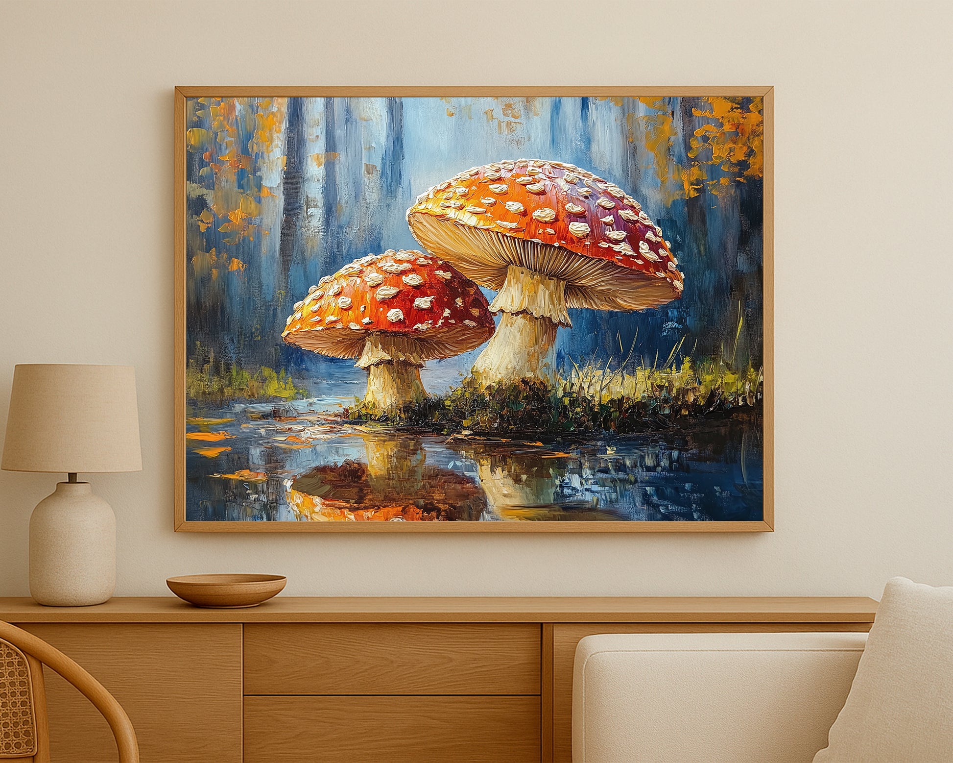Painterly mushroom art with red spotted caps, soft reflections, and a deep blue woodland backdrop.
