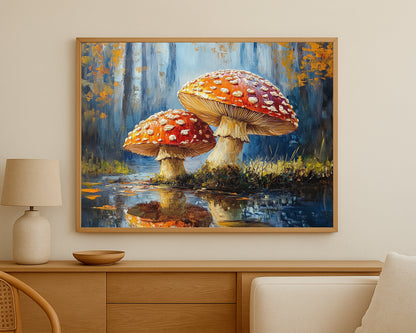 Painterly mushroom art with red spotted caps, soft reflections, and a deep blue woodland backdrop.