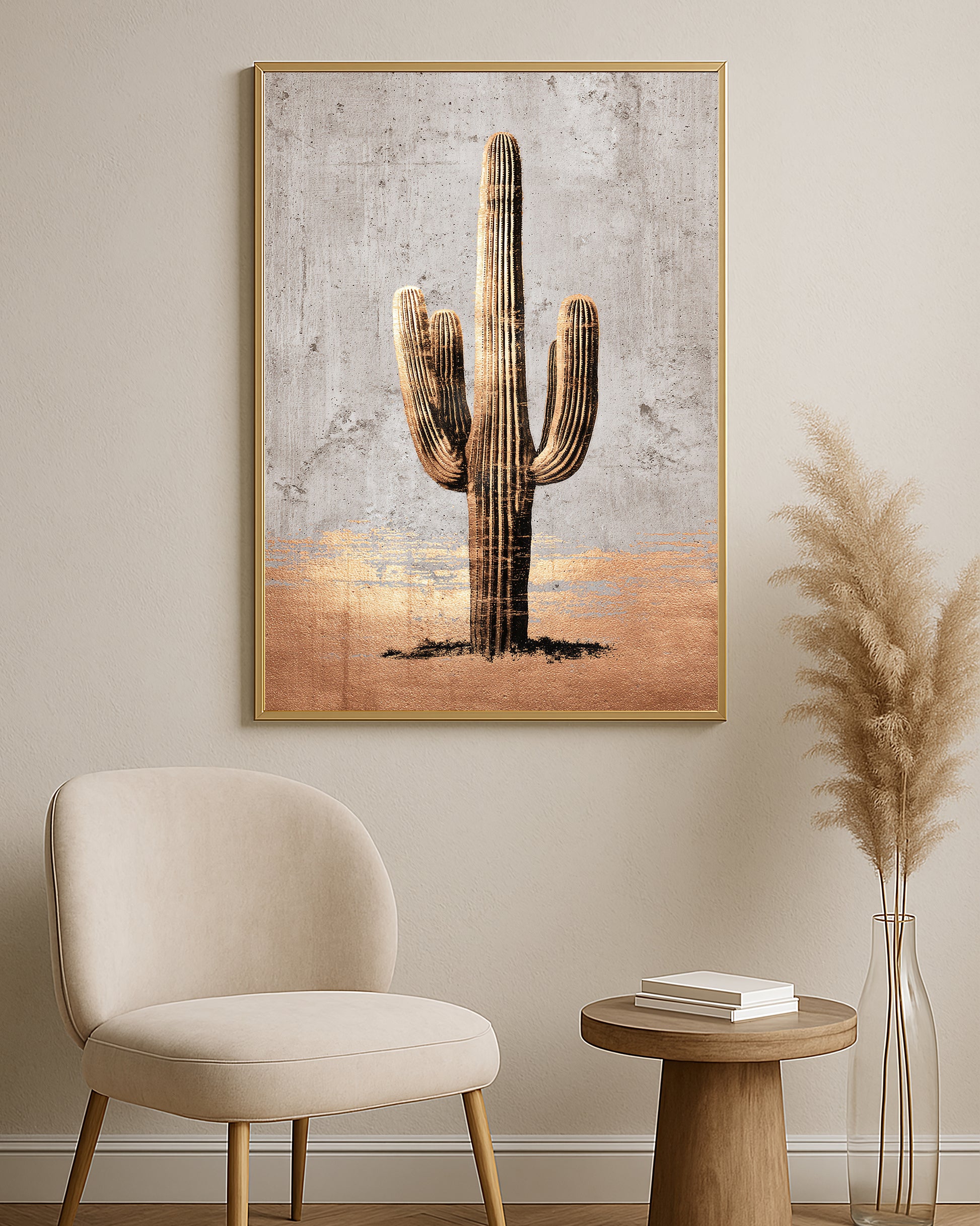Textured desert cactus print featuring a vertical saguaro in gold, brown, black, and beige tones.