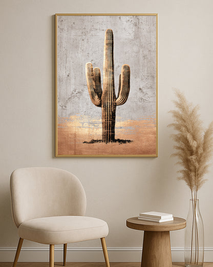 Textured desert cactus print featuring a vertical saguaro in gold, brown, black, and beige tones.